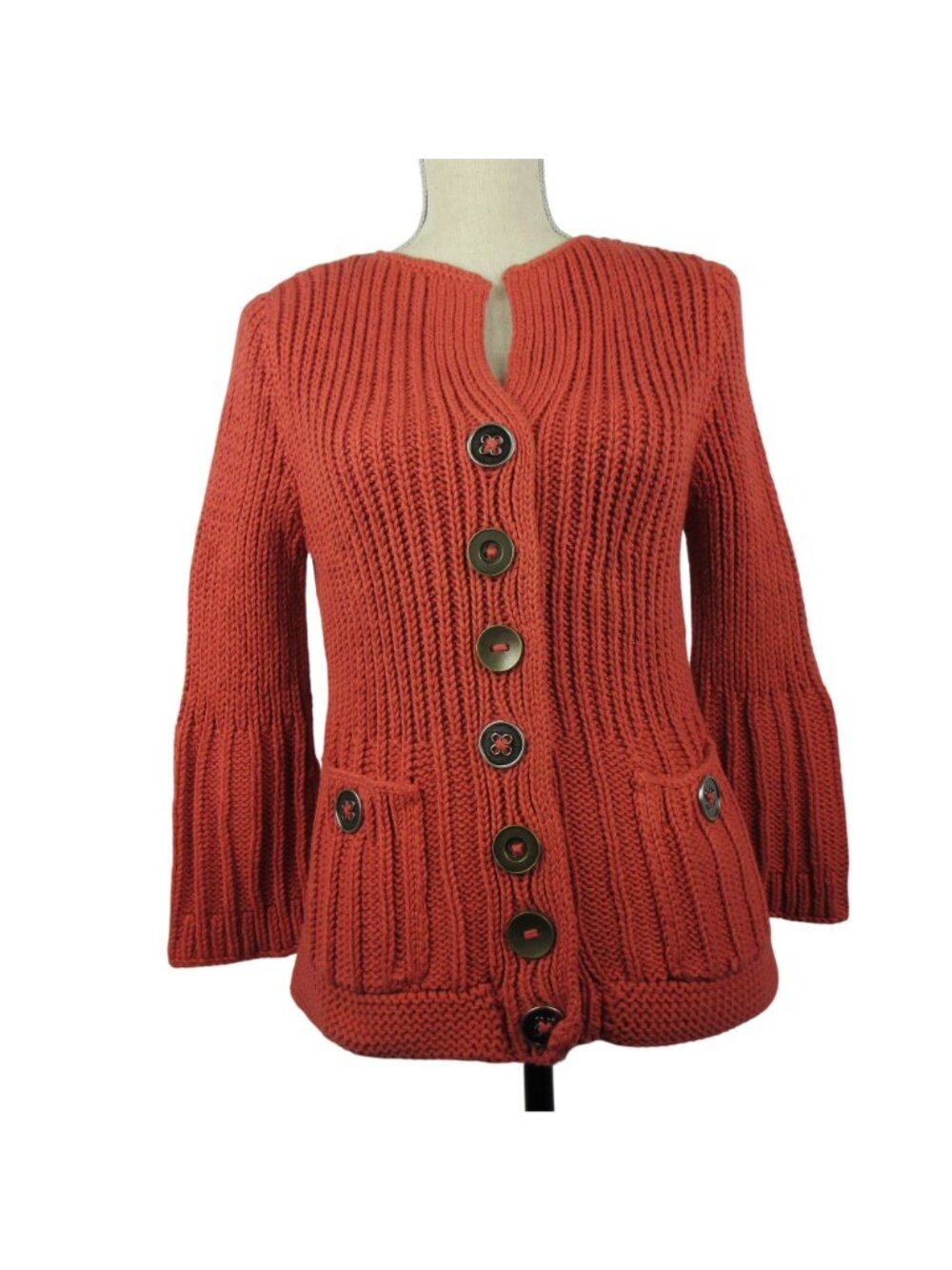 Pure Handknit Sweater M/L Deep Coral Cotton Cardigan Lagenlook  Artisan Fall
